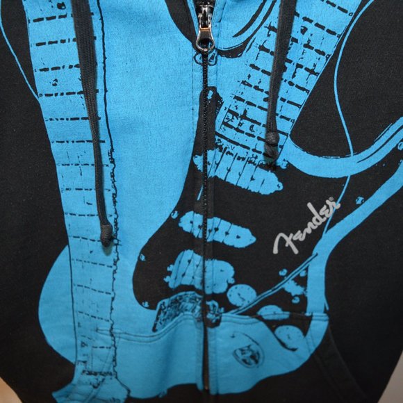 Fender Full Zip Mens Medium Blue Black Guitars Pocketed Hoodie Jacket - Picture 3 of 8